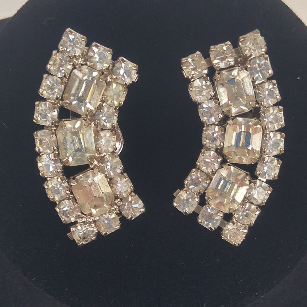 Vintage Clear Rhinestone Arc Clip-On Earrings